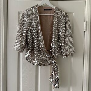 Silver Sequin Wrap Top